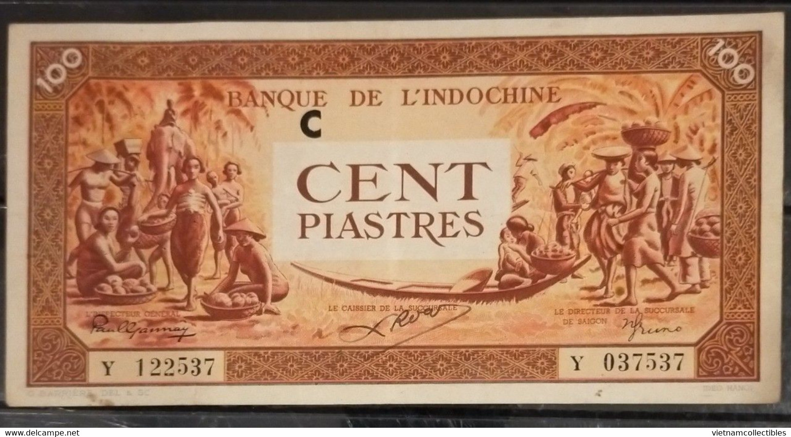 French Indochine Indochina Vietnam Viet Nam Laos Cambodia VF++ 100 Piastres Banknote Note 1942-45 / Pick # 66 - Letter C - Indochine