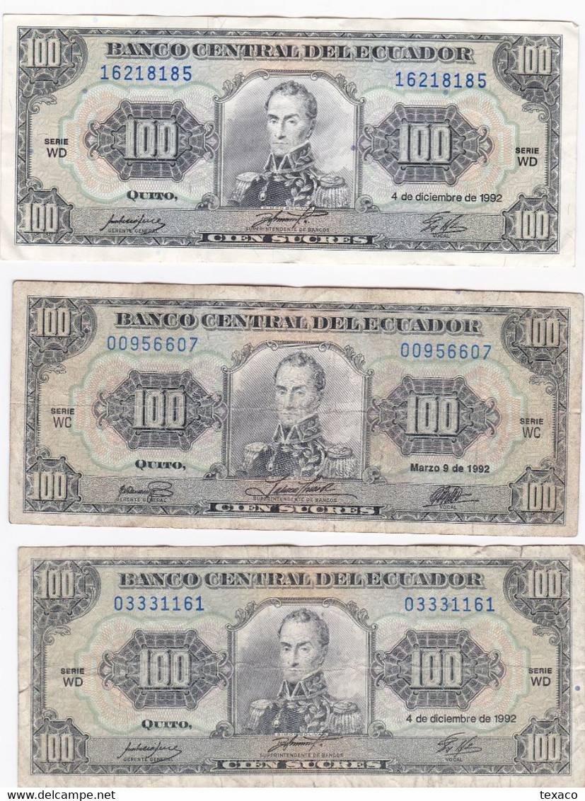 Lot De 3 Billets Equateur 100 Sucres - Bank Notes Ecuador Cien Sucres - Equateur