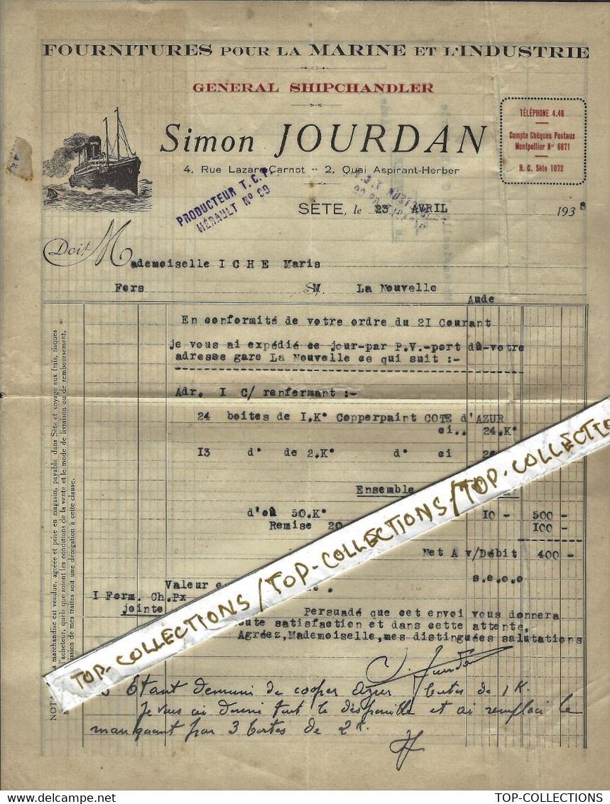 1938 NAVIGATION  Simon Jourdan Sète (Cette) Hérault General Shipchandler Pour Port La Nouvelle Aude B.E.V.SCANS - 1900 – 1949