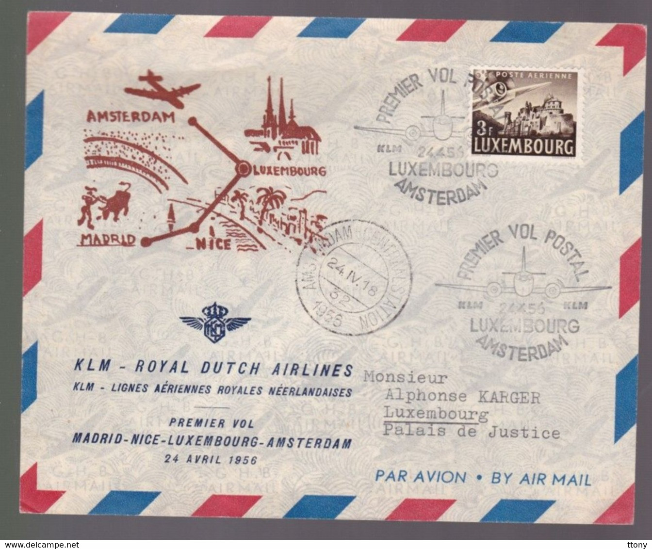 Une  Lettre  Royal Dutch Airlines   Premier Vol Postal Luxembourg Amsterdam  1956 - Lettres & Documents