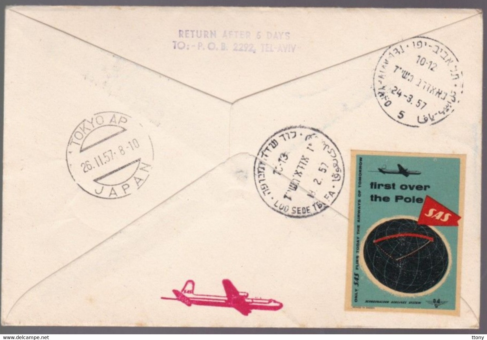 Une  Lettre   Premier Vol  Lod  - Stockholm - Tokyo    Année 1957 - Airmail