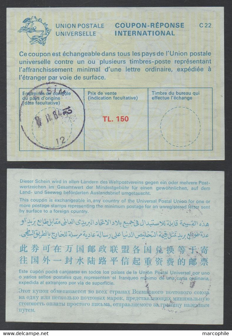 TURQUIE -  TURKEY / IAS - CRI - IRC - COUPON REPONSE INTERNATIONAL - TL 150  (ref 6975) - Entiers Postaux