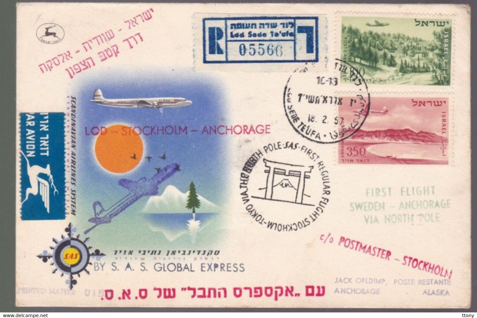 Une  Lettre   Premier Vol  Lod  - Stockholm - Anchorage    Année 1957 - Airmail