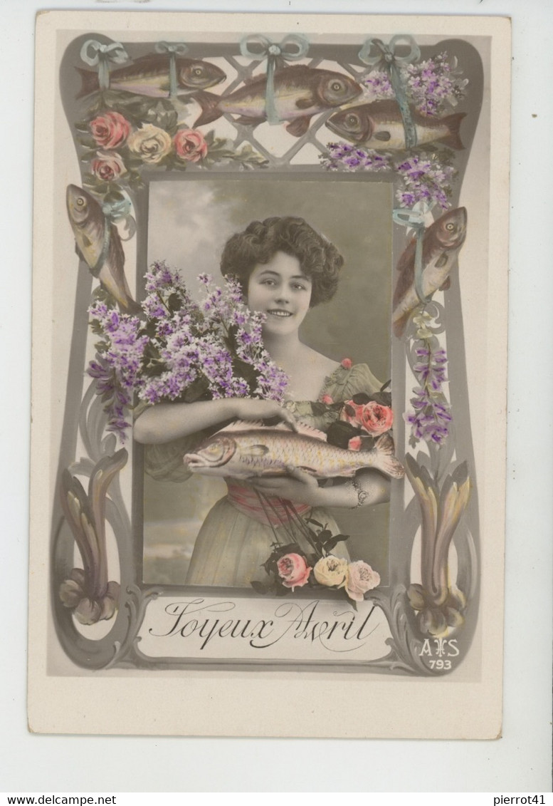 POISSON D'AVRIL - Jolie Carte Fantaisie Femme Avec Fleurs Et Poissons "Joyeux Avril" - Edit. A & S - 1er Avril - Poisson D'avril