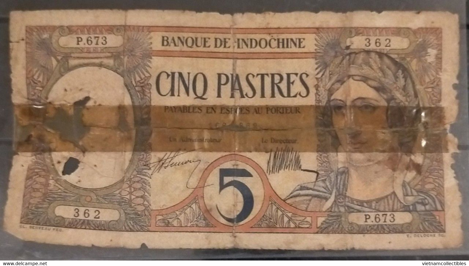 French Indochina Indo China Indochine Laos Vietnam Cambodia 5 Piastres Poor Banknote 1927-31 - Pick # 49a / 2 Photos - Indocina