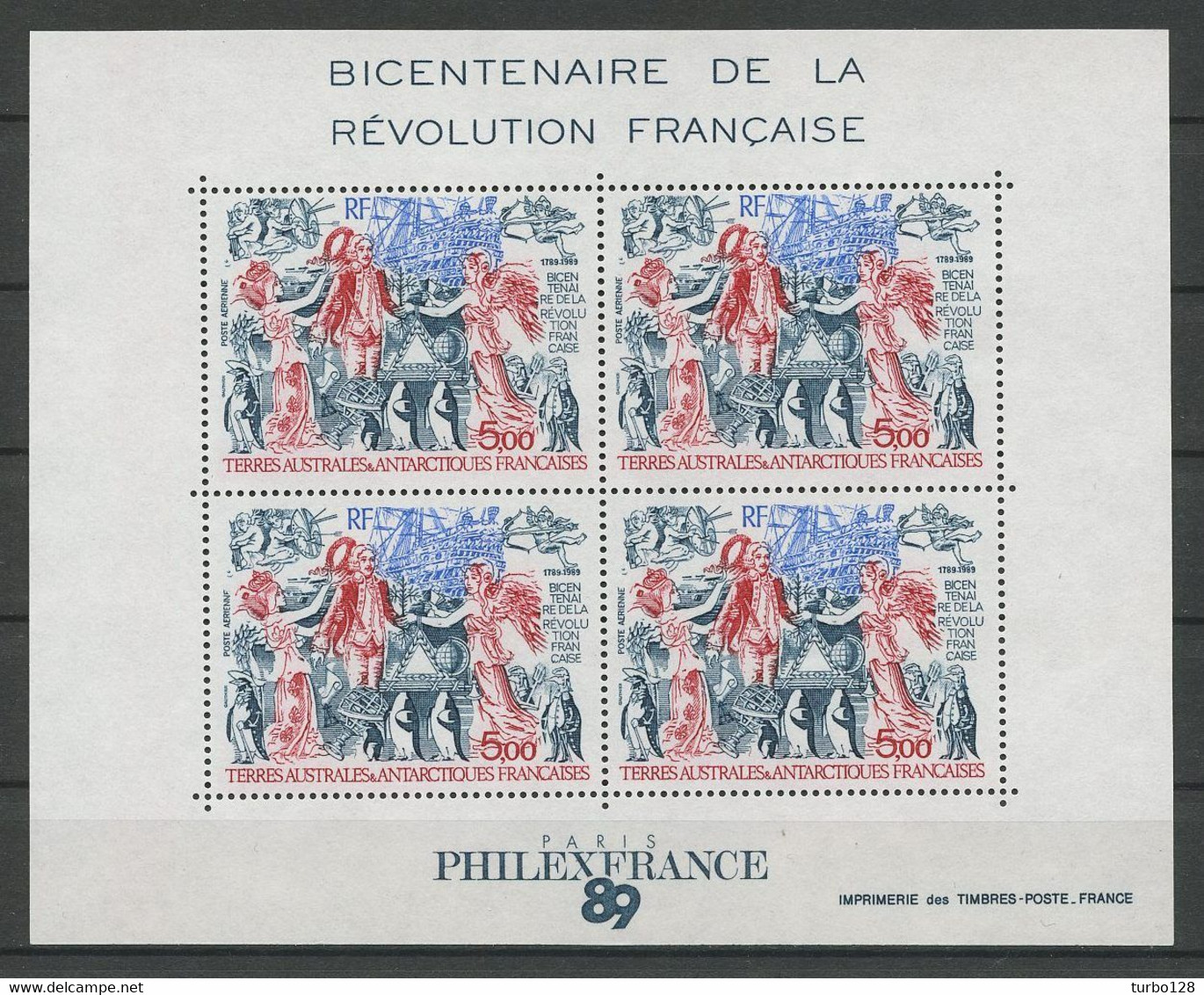 TAAF 1989 Bloc N° 1 ** ( PA 108 ) Neuf MNH Superbe C 12,50 € Bateaux Sailboat Révolution Française Oiseaux Manchot - Blokken & Velletjes