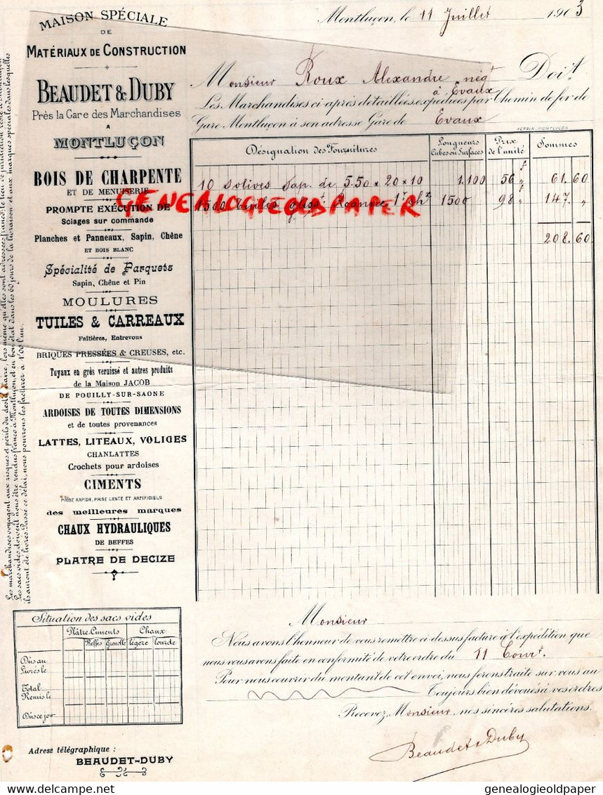 03-MONTLUCON- FACTURE BEAUDET DUBY-MATERIAUX CONSTRUCTION PRES GARE MARCHANDISES-BOIS CHARPENTE-TUILES CIMENTS-1903 - Food