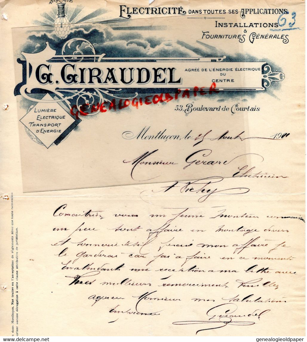 03-MONTLUCON- LETTRE G. GIRAUDEL- ELECTRICIEN ELECTRICITE  -53 BOULEVARD COURTAIS-A GERAD VICHY-1911 - Electricité & Gaz