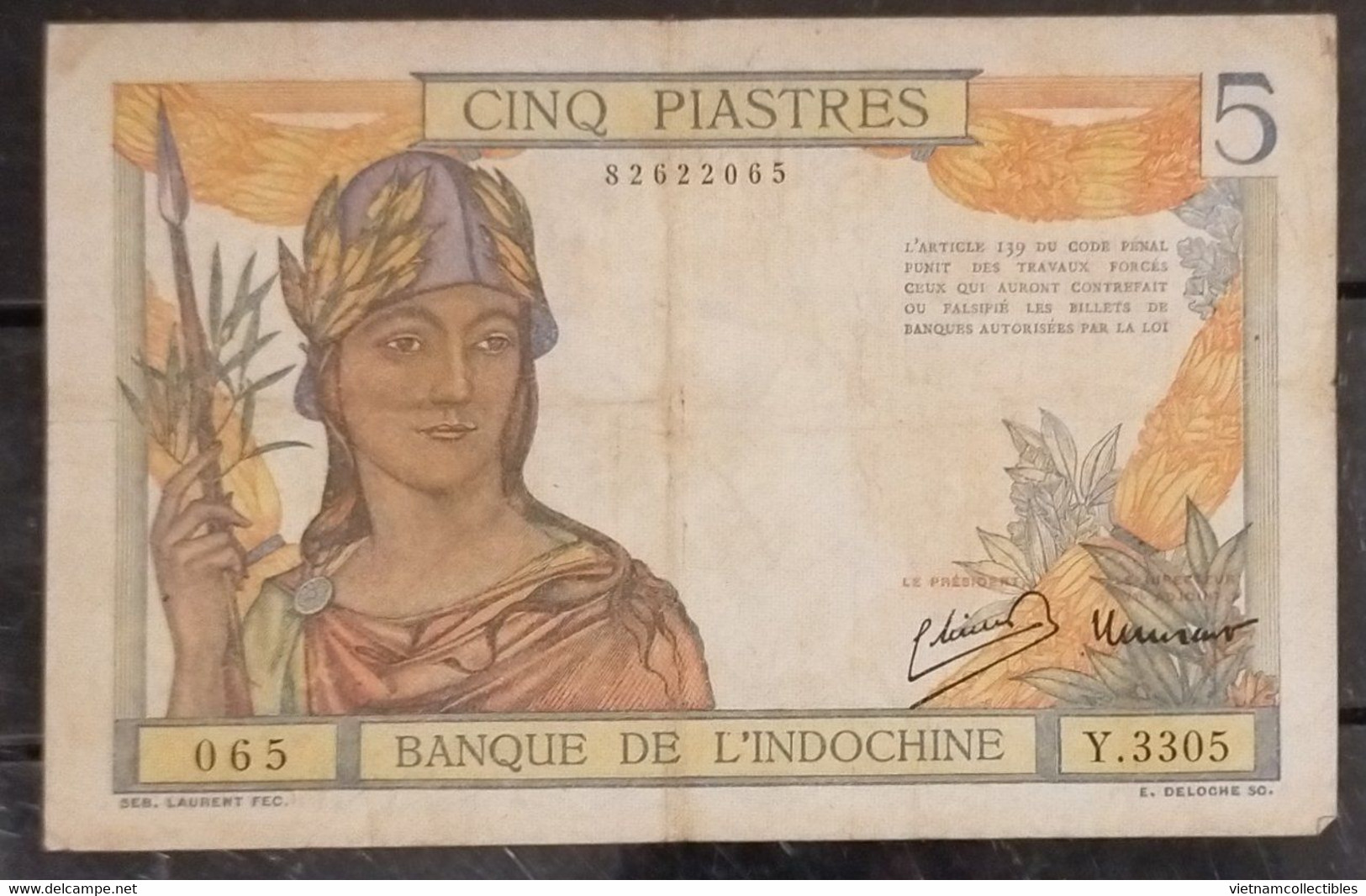 Indochine Indochina Vietnam Viet Nam Laos Cambodia 5 Piastres VF Banknote 1946 - Pick # 55c / 02 Photos - Indochine