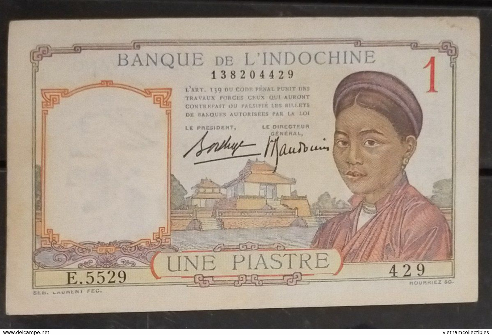 French Indochina Indo China Indochine Vietnam Cambodia 1 Piastre AU Banknote Note / Billet 1932 - 1949 - Pick # 54b - Indocina