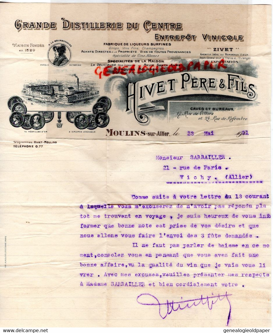 03- MOULINS-RARE LETTRE HIVET PERE FILS- GRANDE DISTILLERIE DU CENTRE -ZIVET-A LA BOURBONNAISE-17 RUE DE VILLARS-1921 - Food