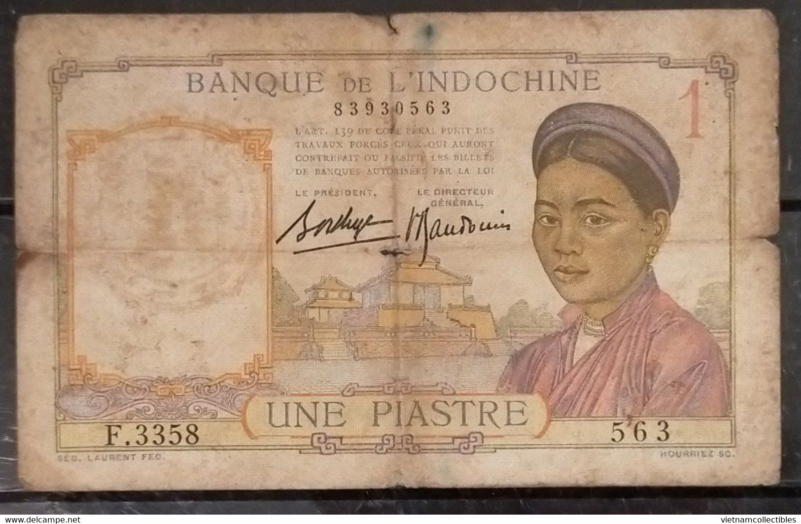 French Indochina Indo China Indochine Vietnam Cambodia 1 Piastre VF Banknote Note / Billet 1932-49 - Pick # 54b - Indochina