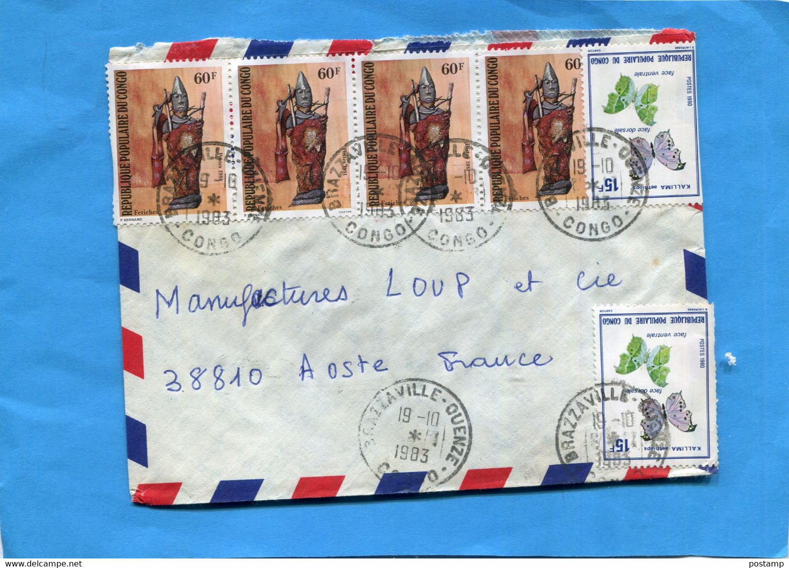 -Marcophilie-lettre  -Congo > Françe-cad Brazza Ouenze- 1983-9 StampsN°653 Fétiche+566 Papillons - Autres & Non Classés