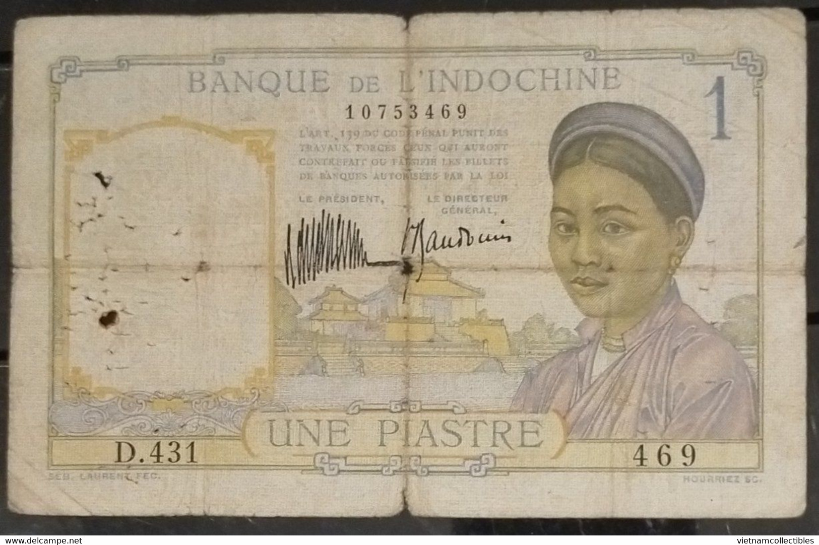 French Indochine Vietnam Viet Nam Laos Cambodia 1 Piastre VF Banknote Note / Billet 1932 - Pick # 52 / 02 Photo - Indochine