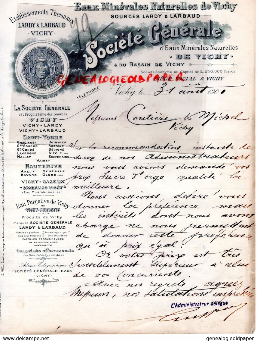 03- VICHY- RARE LETTRE SOCIETE GENERALE EAUX MINERALES -LARDY & LARBAUD-SCEAU DE LA CHATELLENIE -1901 - Lebensmittel