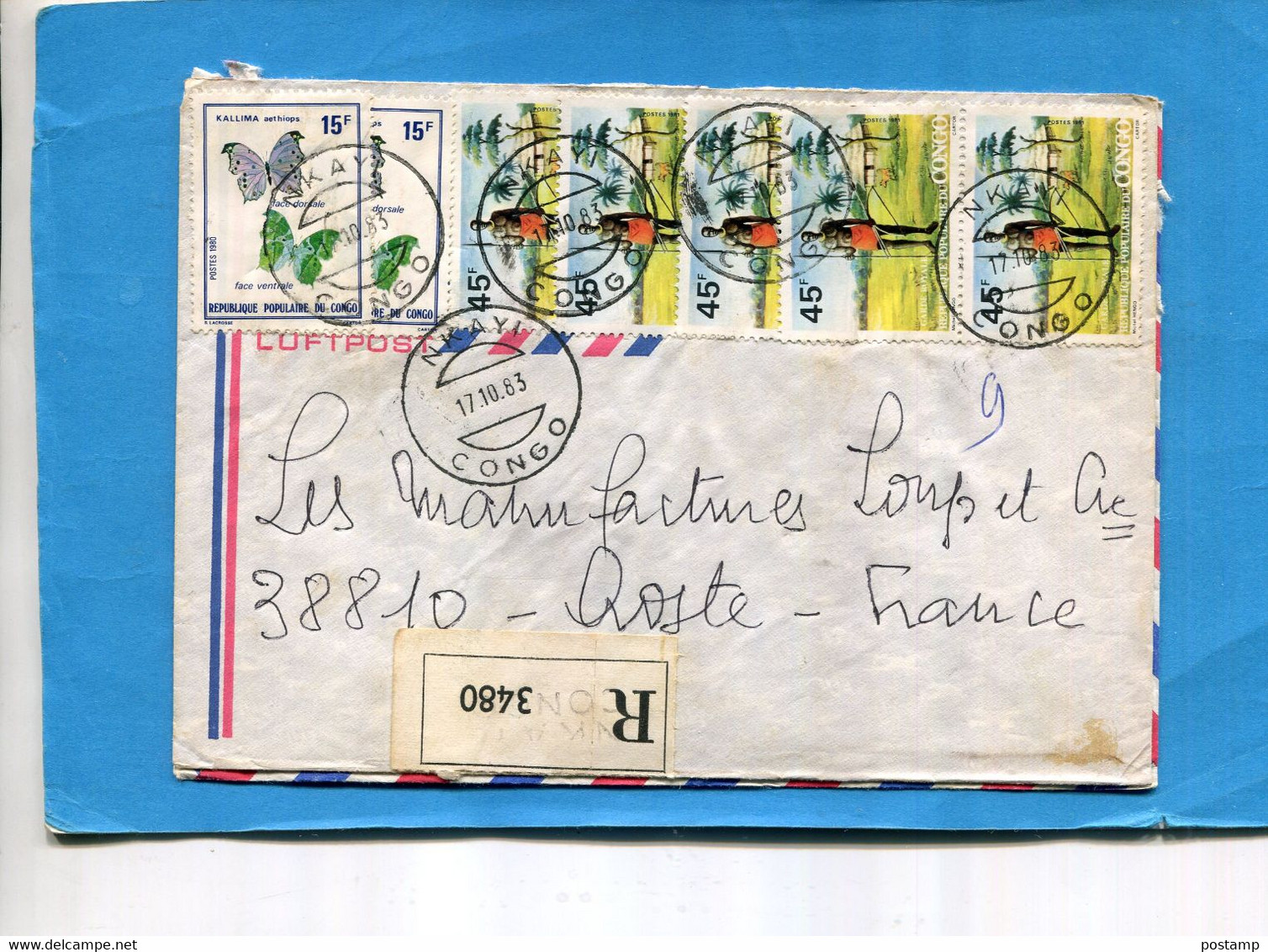 -Marcophilie-lettre REC-Congo > Françe-cad NKAYI- 1983-7 StampsN° +567 Papillons+642 Grde Royal - Autres & Non Classés