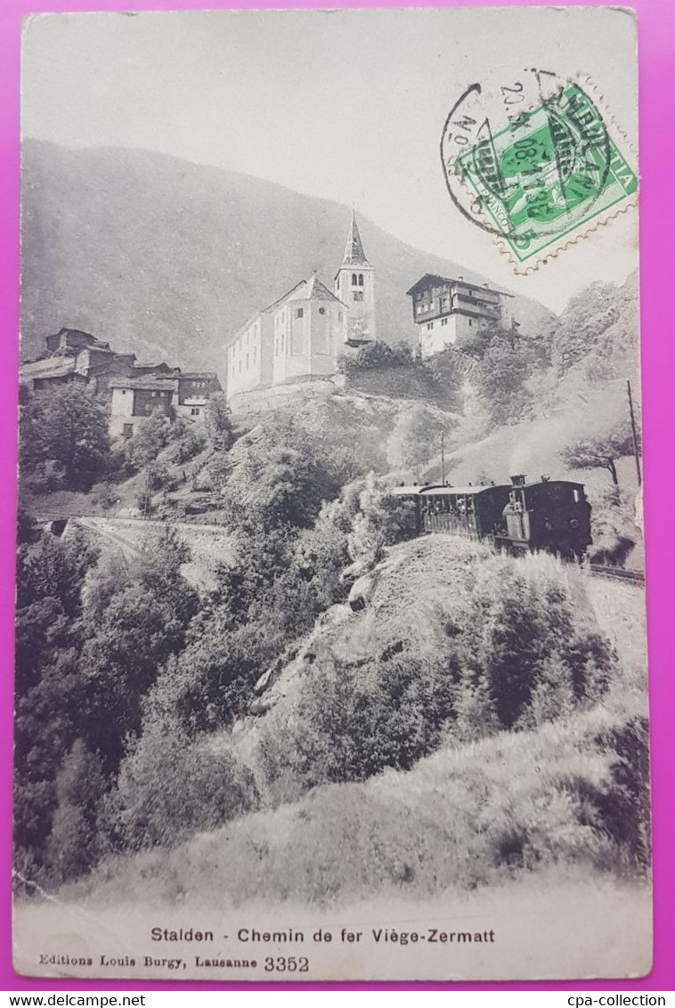 Cpa Stalden Train Chemin De Fer Viège Zermatt Carte Postale Suisse Valais Bahn Visp Cachet Ambulant Viège 1908 Tramway - Stalden