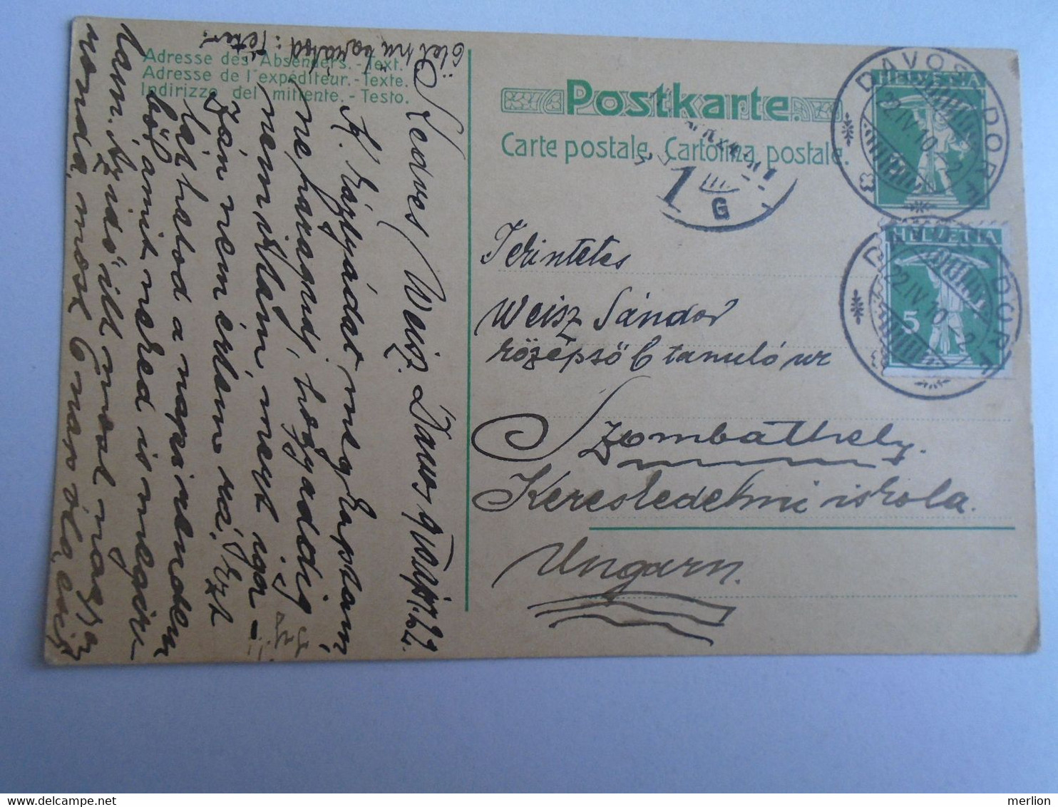 D191552    Upgraded Postal Stationery -  1910  Davos Dorf - Switzerland Suisse    Sent To Szombathely   Weisz  Sándor - Altri & Non Classificati