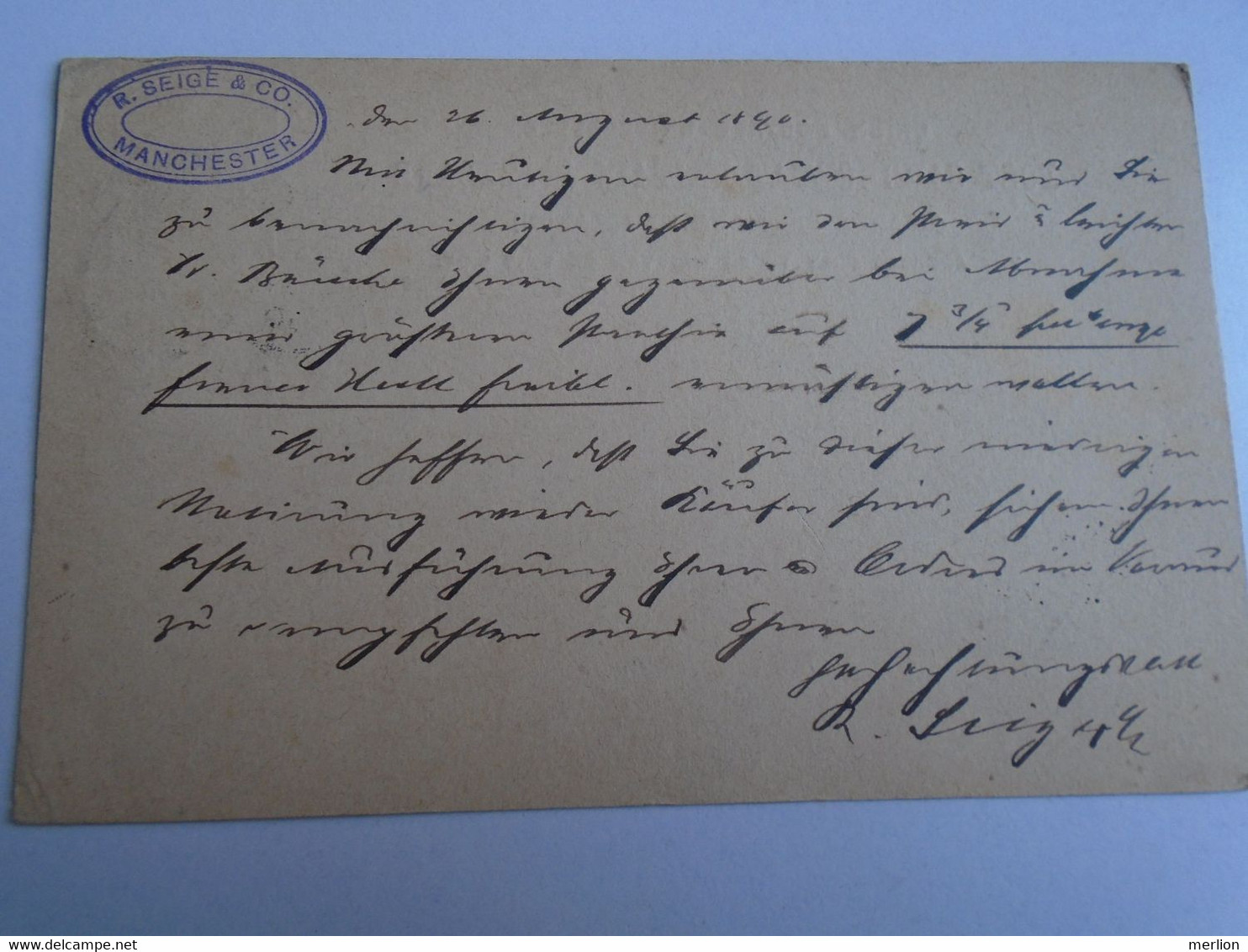 D191554   Postal Stationery -  Cancel Manchester  1890  R.Seige & Co.  -sent To Leopold Abeles - Prag Praha - Ohne Zuordnung