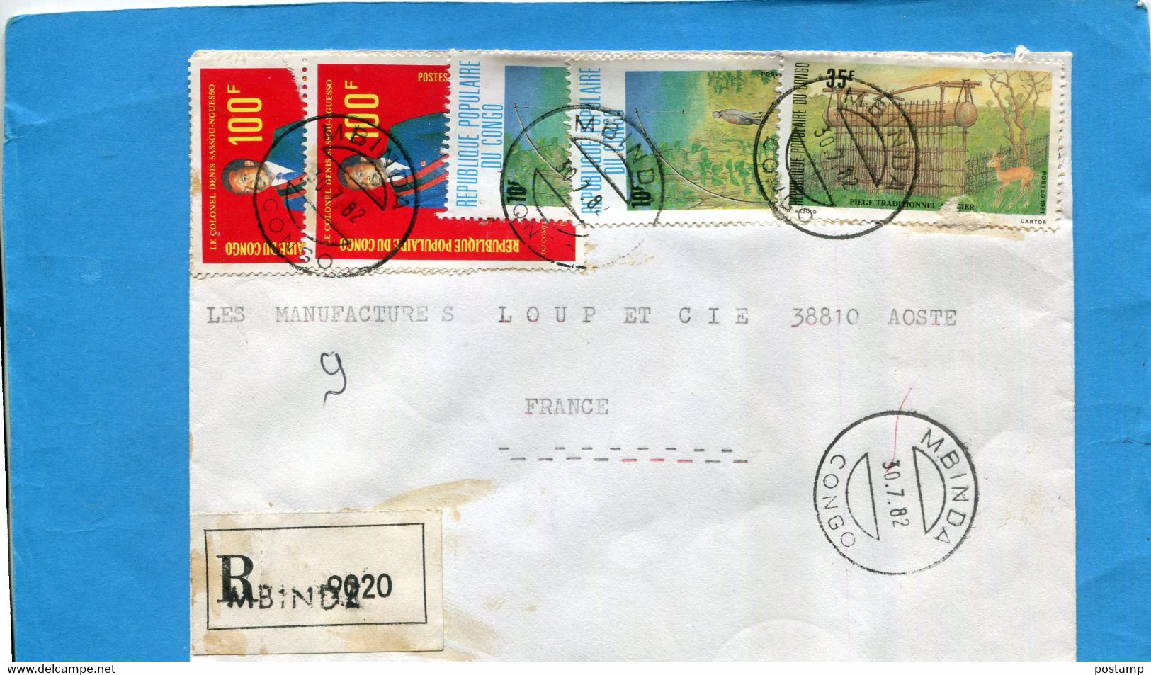 -Marcophilie-lettre REC-Congo > Françe-cad Mbinda- 1982-5+stampsN°615 Président+624-5 Pièges A Oiseaux - Autres & Non Classés