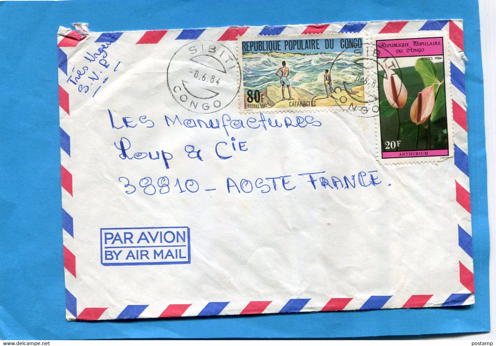 -Marcophilie-lettre  -Congo > Françe-cad SIBITI-1984-2-stamps-N600 Cataractes+4 - Autres & Non Classés