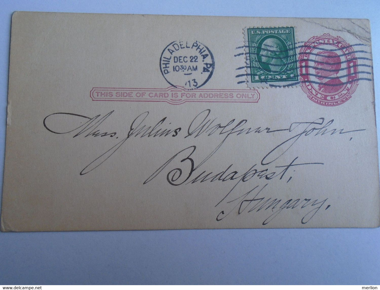 D191558 Uprated  Postal Stationery -cancel  Philadelphia 1913 -W.T. TILDEN  Hair And Woll M. - To J. Wolfner Budapest - Other & Unclassified