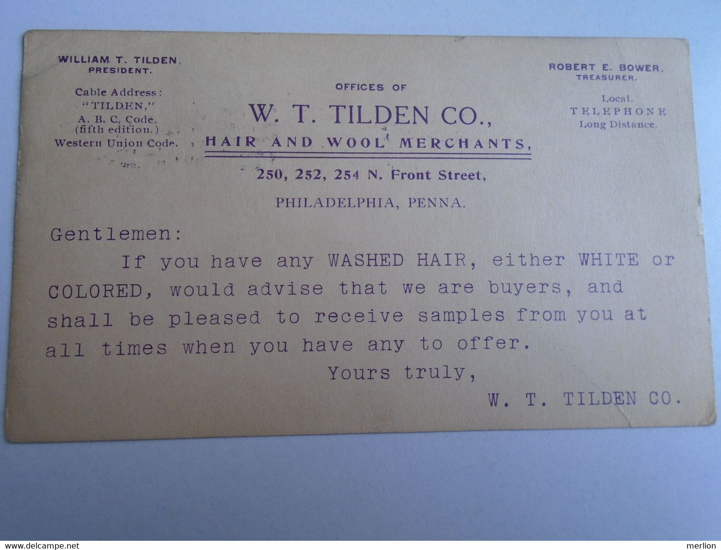 D191558 Uprated  Postal Stationery -cancel  Philadelphia 1913 -W.T. TILDEN  Hair And Woll M. - To J. Wolfner Budapest - Altri & Non Classificati
