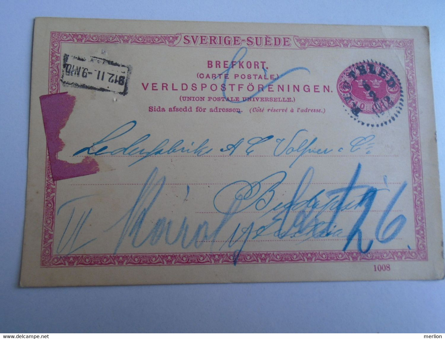 D191559  Postal Stationery -O.Stadler Cancel  Refteled Sweden 1912 - To J. Wolfner  -Lederfabrik, Budapest - Autres & Non Classés