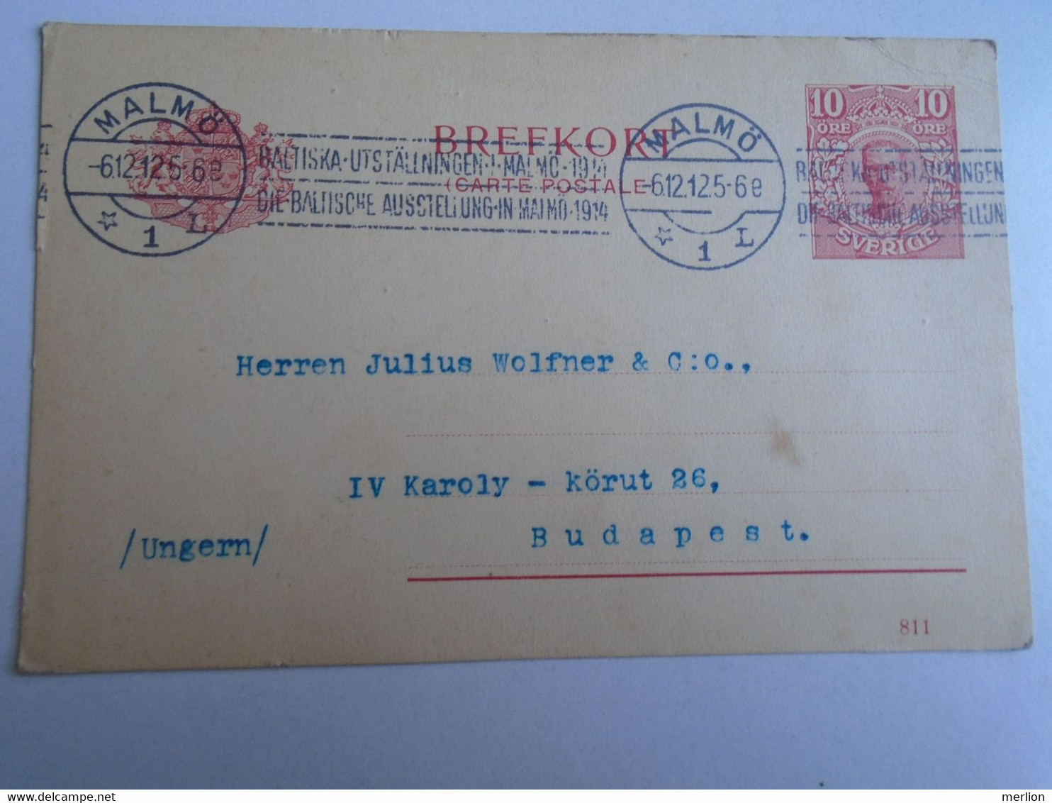 D191560  Postal Stationery -  MALMÖ A.B. Wilhelm Sonesson  Sweden 1912 - To Julius Wolfner  -Lederfabrik, Budapest - Other & Unclassified