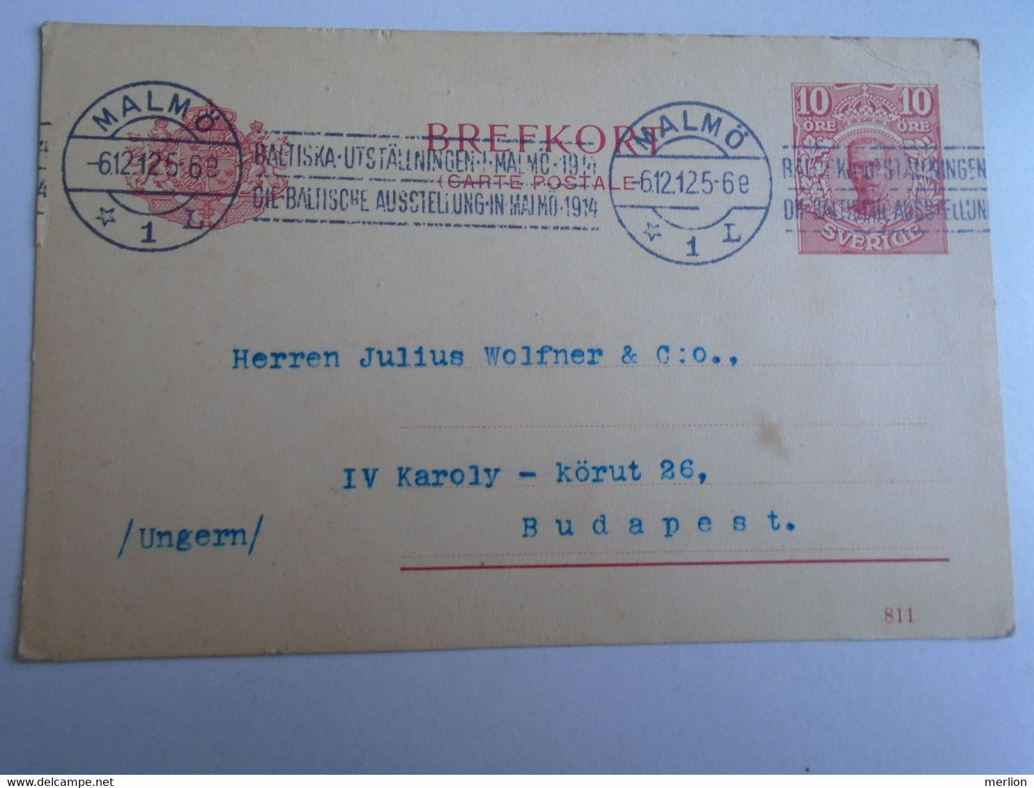 D191560  Postal Stationery -  MALMÖ A.B. Wilhelm Sonesson  Sweden 1912 - To Julius Wolfner  -Lederfabrik, Budapest - Sonstige & Ohne Zuordnung