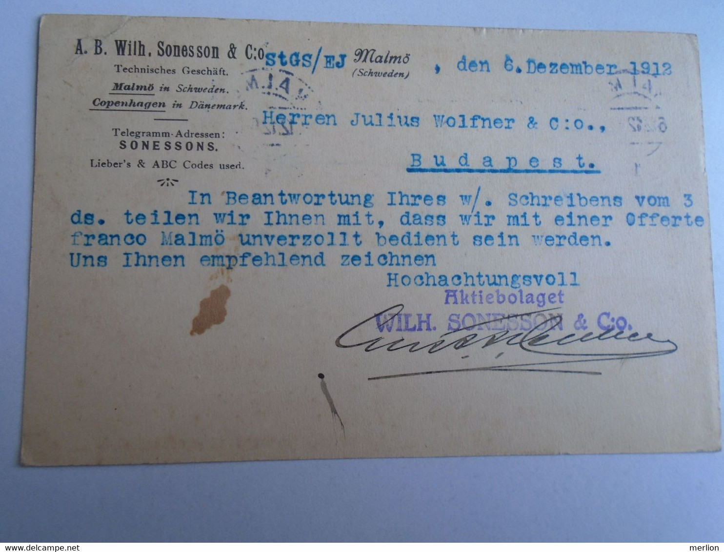 D191560  Postal Stationery -  MALMÖ A.B. Wilhelm Sonesson  Sweden 1912 - To Julius Wolfner  -Lederfabrik, Budapest - Altri & Non Classificati