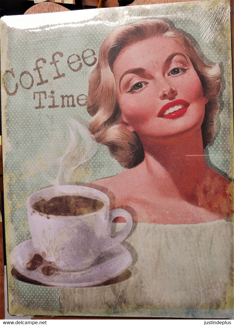 COFFEE TIME L'HEURE DU CAFE PLAQUE EN TOLE METAL PIN UP VINTAGE GRAND FORMAT - Tin Signs (after1960)