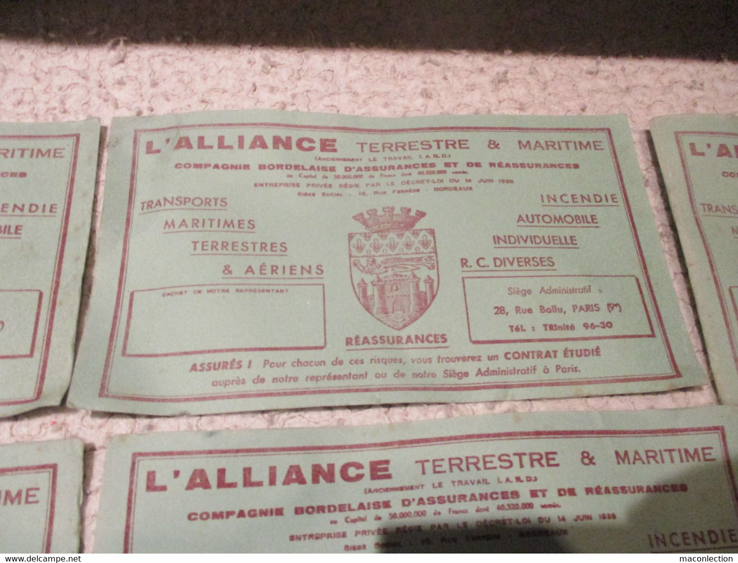 Lot 7 Anciens Buvards L'ALLIANCE Terrestre & Maritime Compagnie Bordelaise D'Assurance Ancien Buvard - Lots & Serien