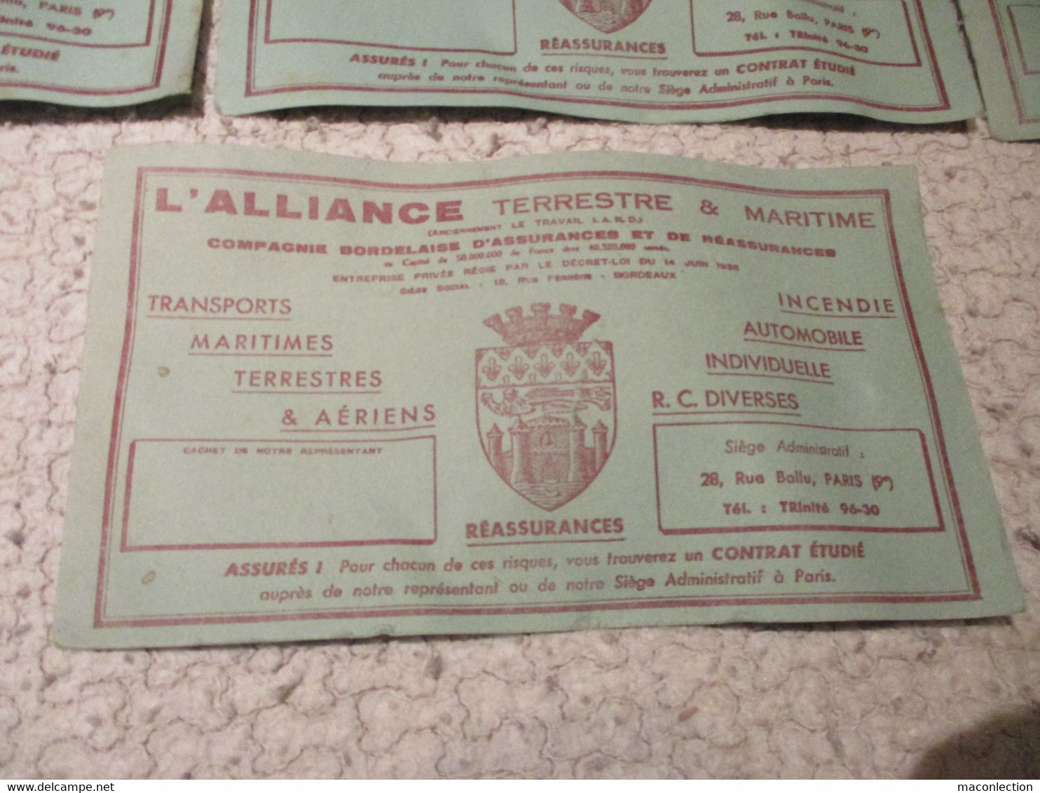 Lot 7 Anciens Buvards L'ALLIANCE Terrestre & Maritime Compagnie Bordelaise d'Assurance Ancien Buvard