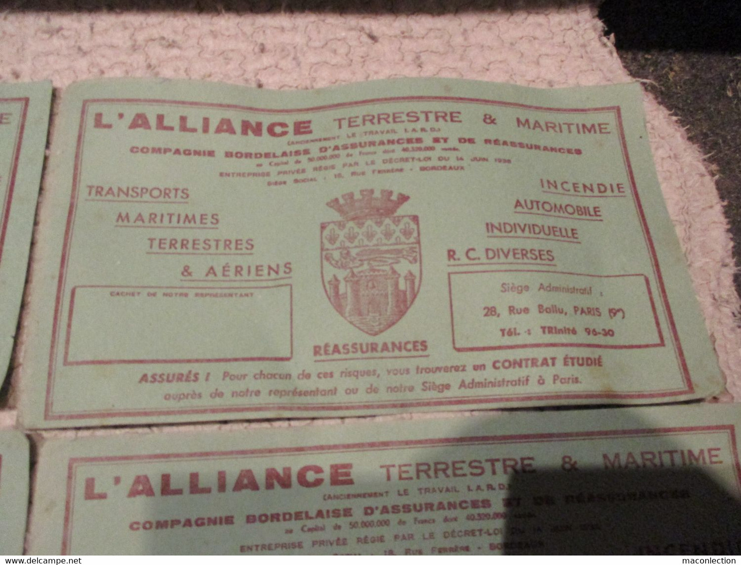 Lot 7 Anciens Buvards L'ALLIANCE Terrestre & Maritime Compagnie Bordelaise d'Assurance Ancien Buvard