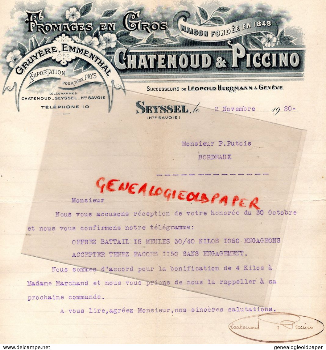 74- SEYSSEL- LETTRE CHATENOUD PICCINO- FROMAGERIE FROMAGES GRUYERE EMMENTHAL-LEOPOLD HERRMANN A GENEVE-1920 - Food