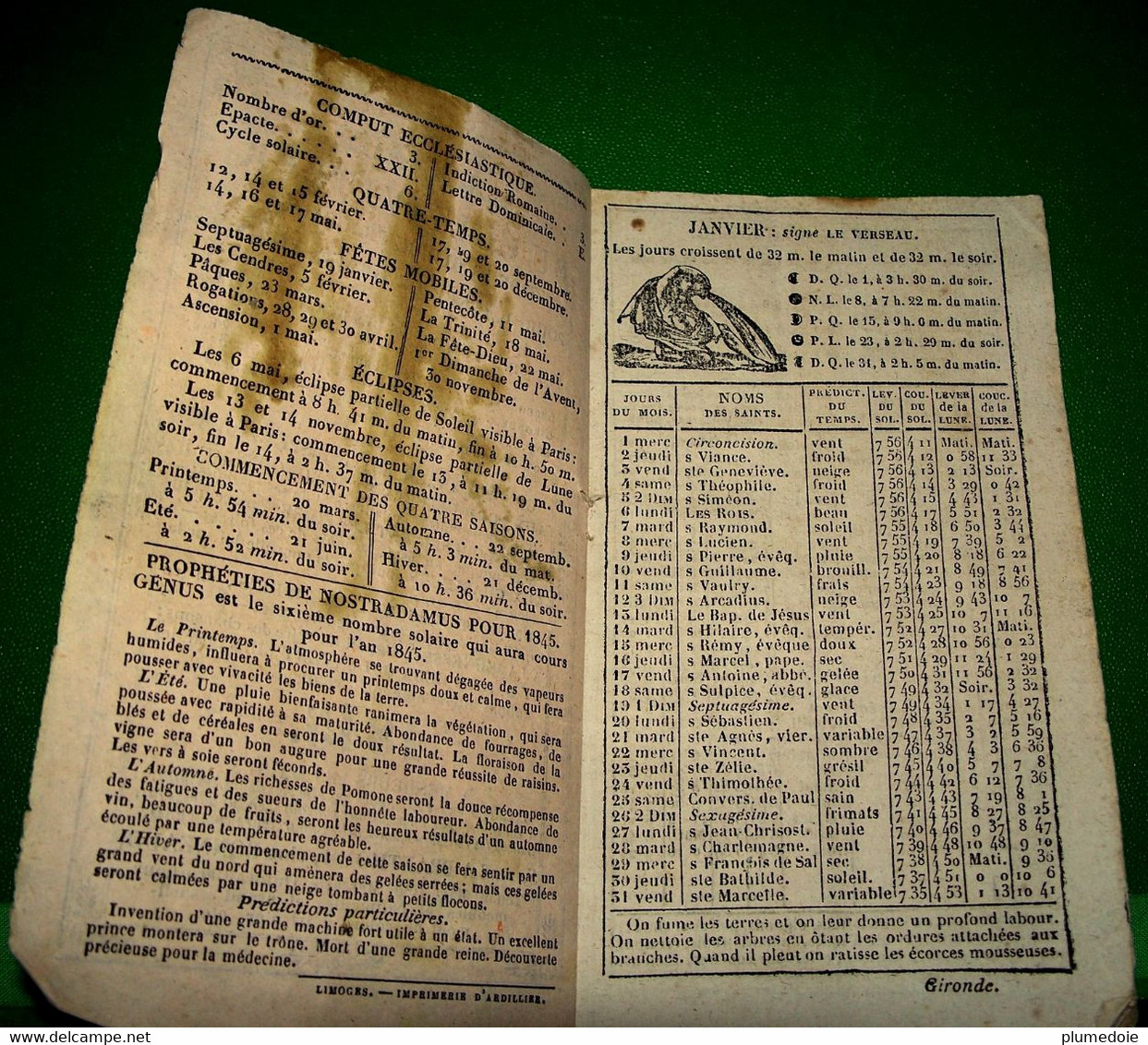 RARE ALMANACH DU CULTIVATEUR ET DE LA GLOIRE FRANCAISE POUR L ANNEE DE GRÂCE 1845 . à BRANTHOME Chez BONNEAUD - Petit Format : ...-1900