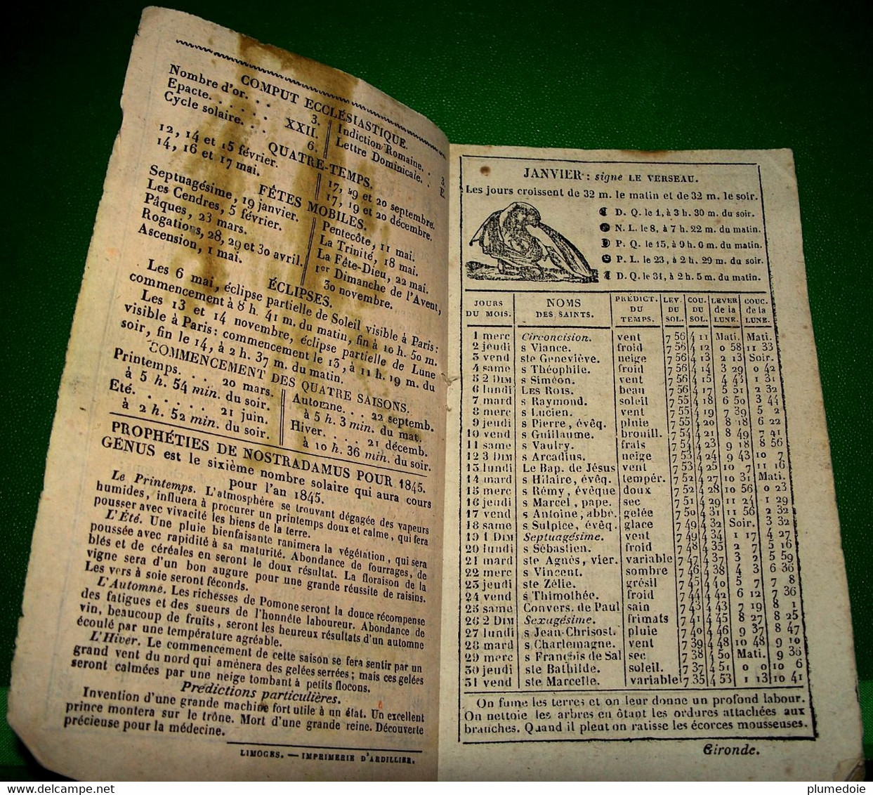 RARE ALMANACH DU CULTIVATEUR ET DE LA GLOIRE FRANCAISE POUR L ANNEE DE GRÂCE 1845 . à BRANTHOME Chez BONNEAUD - Formato Piccolo : ...-1900