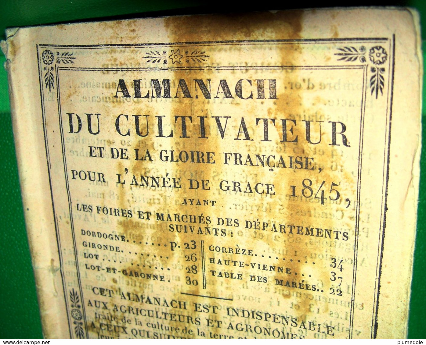 RARE ALMANACH DU CULTIVATEUR ET DE LA GLOIRE FRANCAISE POUR L ANNEE DE GRÂCE 1845 . à BRANTHOME chez BONNEAUD