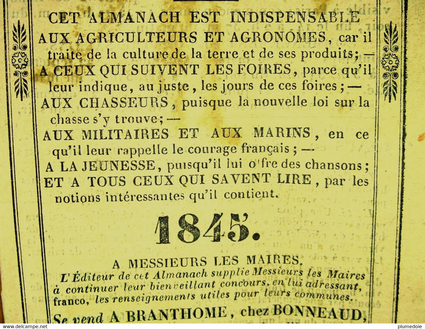 RARE ALMANACH DU CULTIVATEUR ET DE LA GLOIRE FRANCAISE POUR L ANNEE DE GRÂCE 1845 . à BRANTHOME chez BONNEAUD