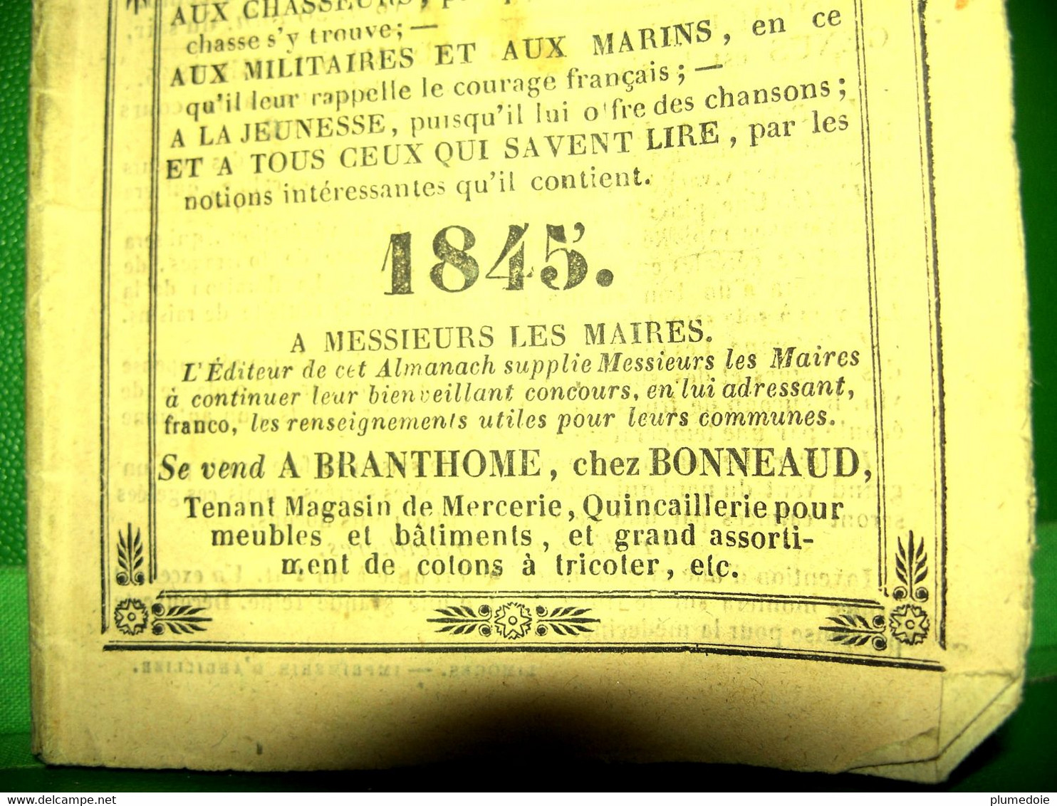 RARE ALMANACH DU CULTIVATEUR ET DE LA GLOIRE FRANCAISE POUR L ANNEE DE GRÂCE 1845 . à BRANTHOME chez BONNEAUD
