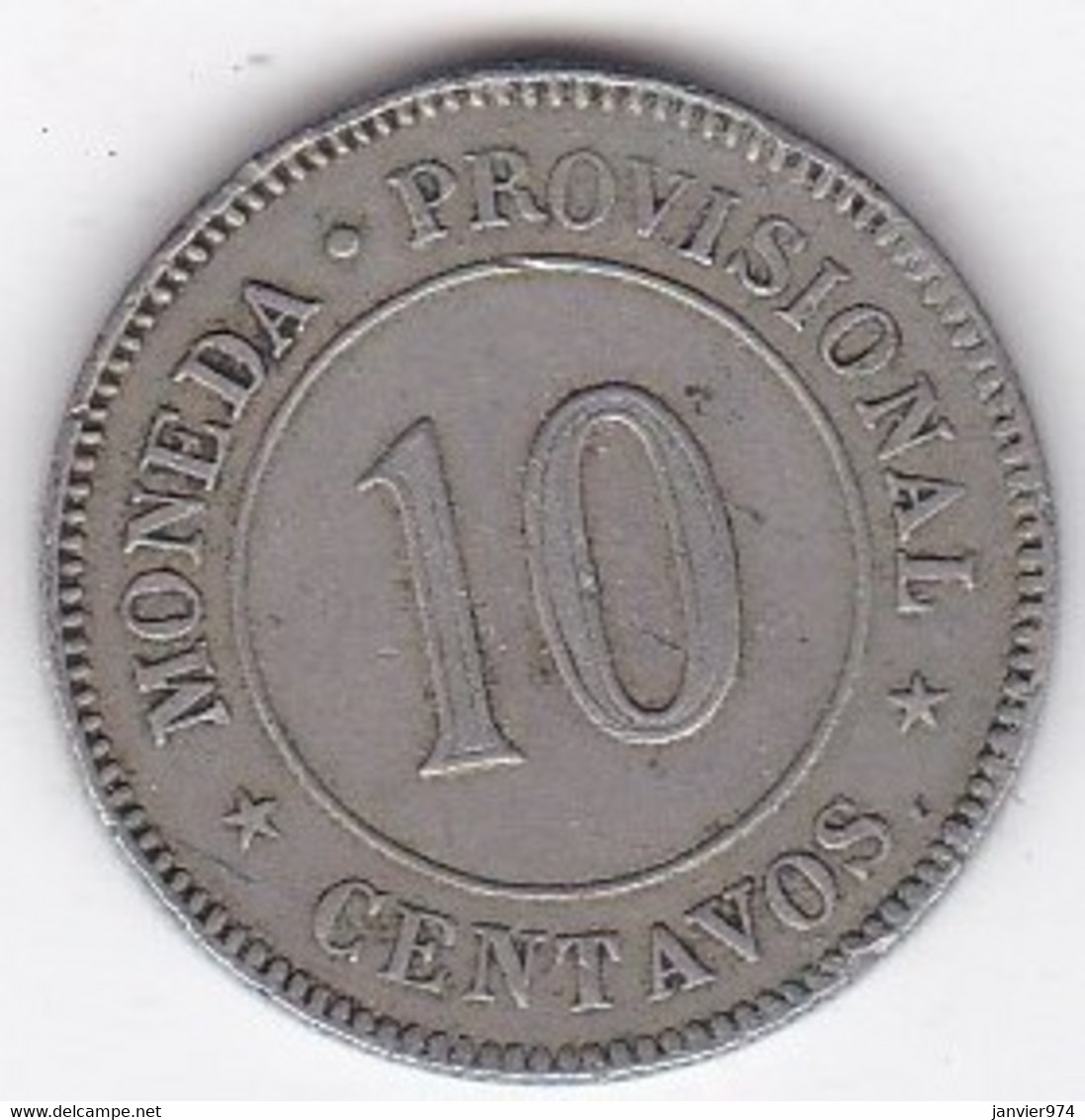 Perou 10 Centavos 1879,  Monnaie Provisoire ,en Cupronickel, KM# 198 - Pérou