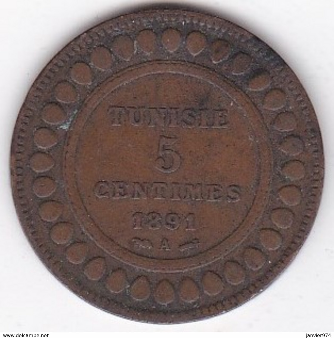 Protectorat Français . 5 Centimes 1891 A , En Bronze, Lec# 71 - Túnez