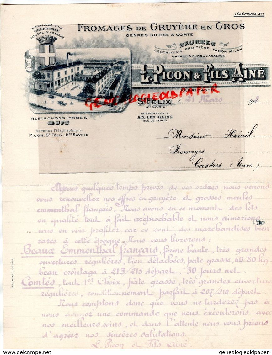 74- ST SAINT FELIX- FACTURE PICON FILS AINE- FROMAGERIE FROMAGE GRUYERE-  COMTE-BEURRE -REBLOCHON  1912-HERAIL CASTRES - Lebensmittel