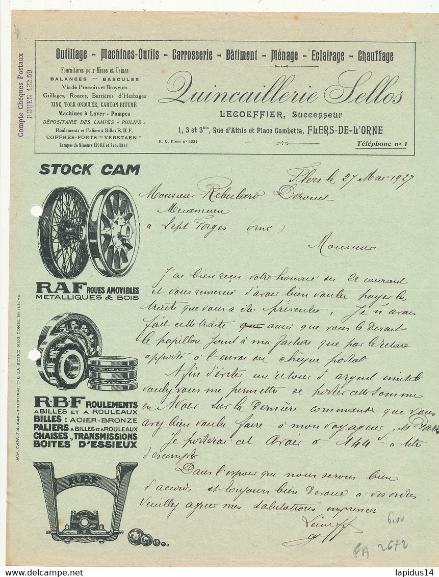 FA 2672  /FACTURE   -QUINCAILLERIE SELLOS  FLERS DE L'ORNE  (ORNE )  1927 - Droguerie & Parfumerie