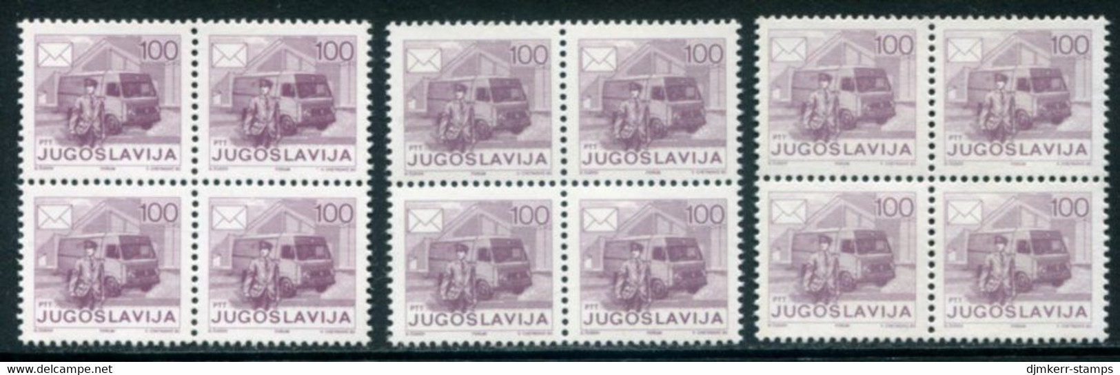 YUGOSLAVIA 1986 Definitive 100 D Three Blocks Of 4 With Different Gums And Papers MNH / **.  Michel 2181 - Neufs