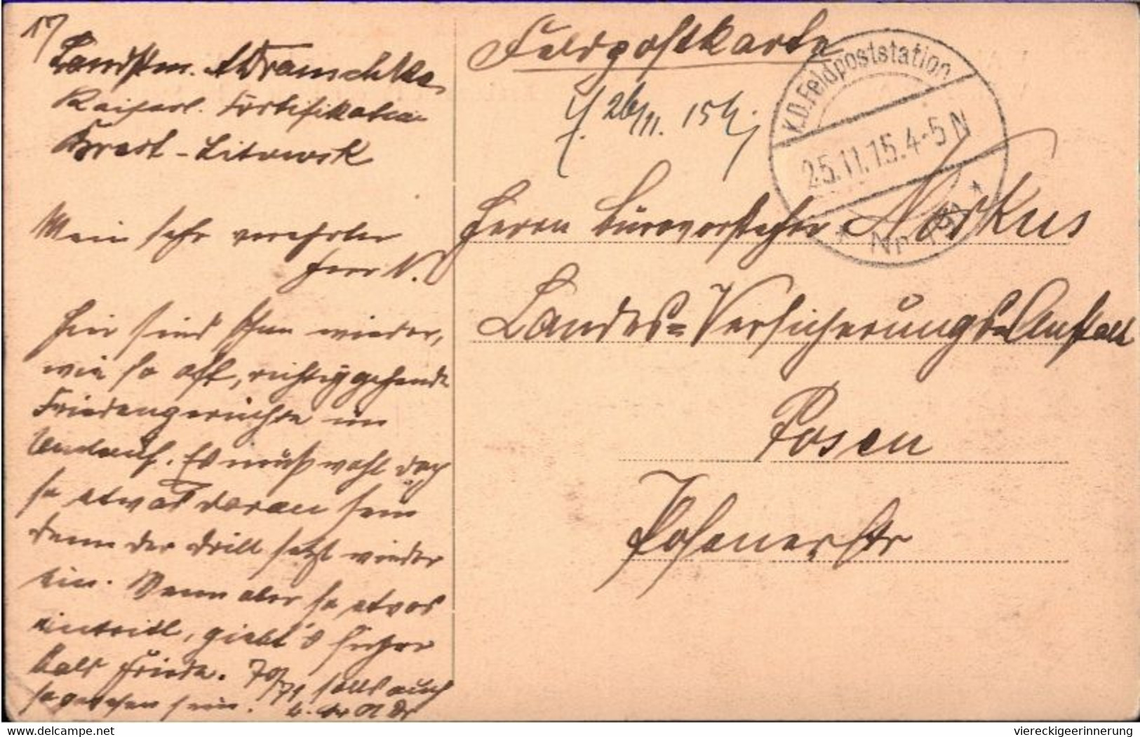 ! Old Postcard, Alte Ansichtskarte Warschau, Warszawa, Staszica 1. Weltkrieg, Feldpost 1915, Abs. Brest Litowsk N. Posen - Poland