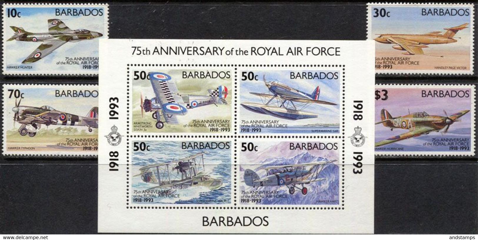 Barbados 1973. Mi.#815/18+Bl.29 MNH/Luxe. Aviation. 75 Years Royal Air Force. (Ts27) - Aerei