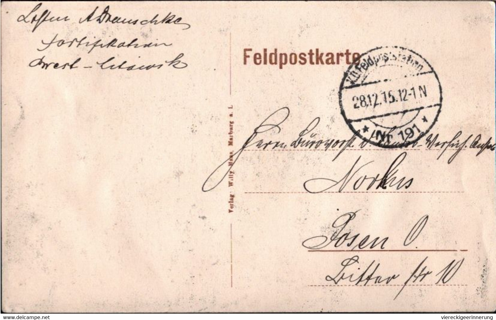 ! Alte Ansichtskarte Dworzec, 1. Weltkrieg, Feldpost 1915, Abs. Brest Litowsk, Am Bahnhof N. Posen - Weißrussland