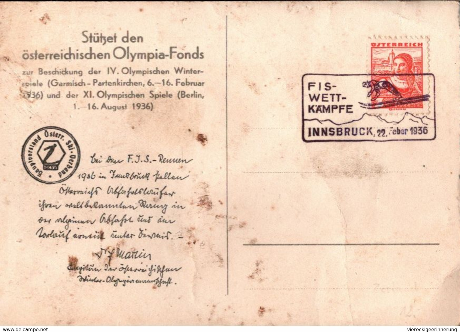 ! Reklame Ansichtskarte, Österreich, Olympiafonds, Sonderstempel FIS Ski Wettkämpfe Innsbruck, Wintersport, 1936 - Olympic Games